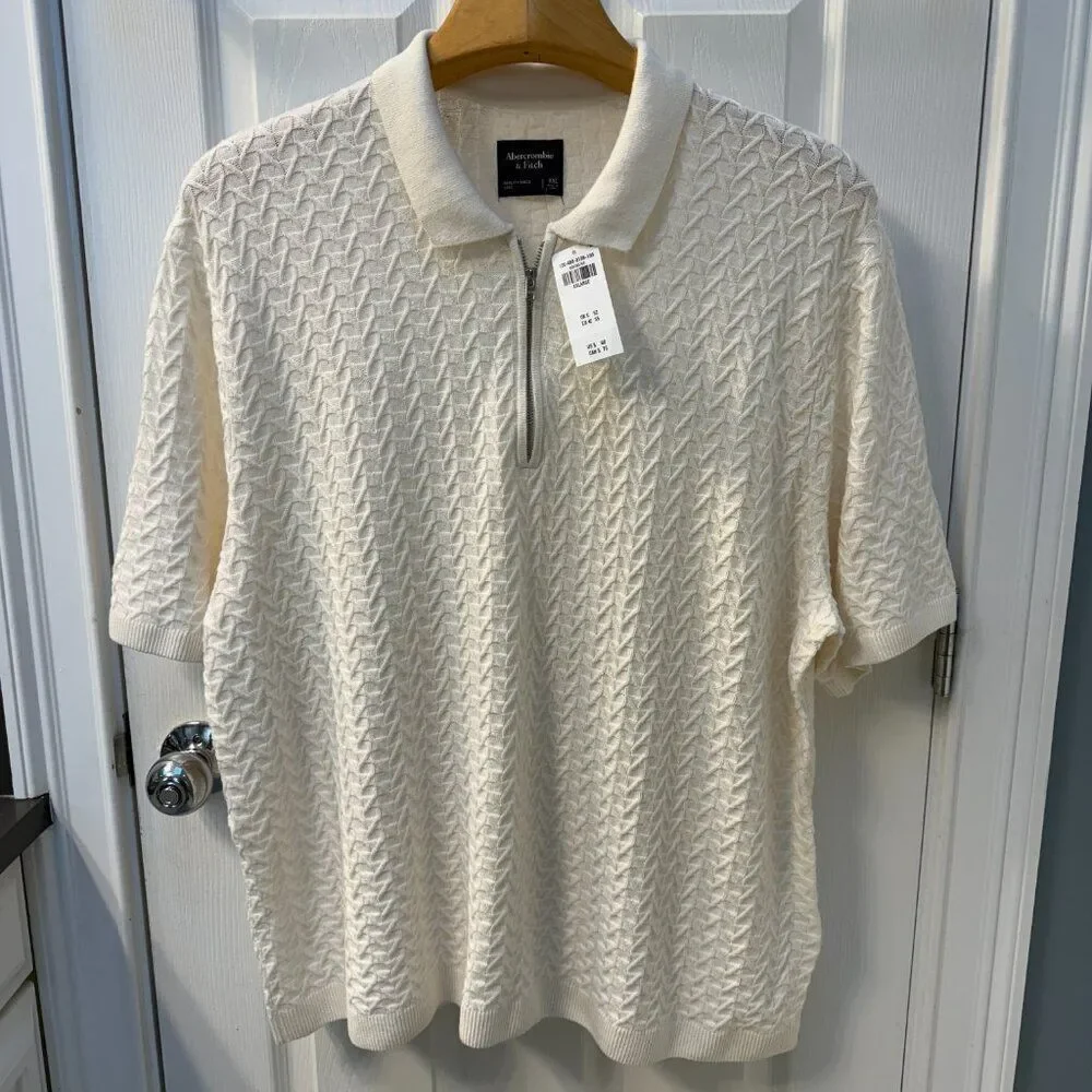 NWT Abercrombie & Fitch Cream Textural Stripe Zip Sweater Polo Size XXL